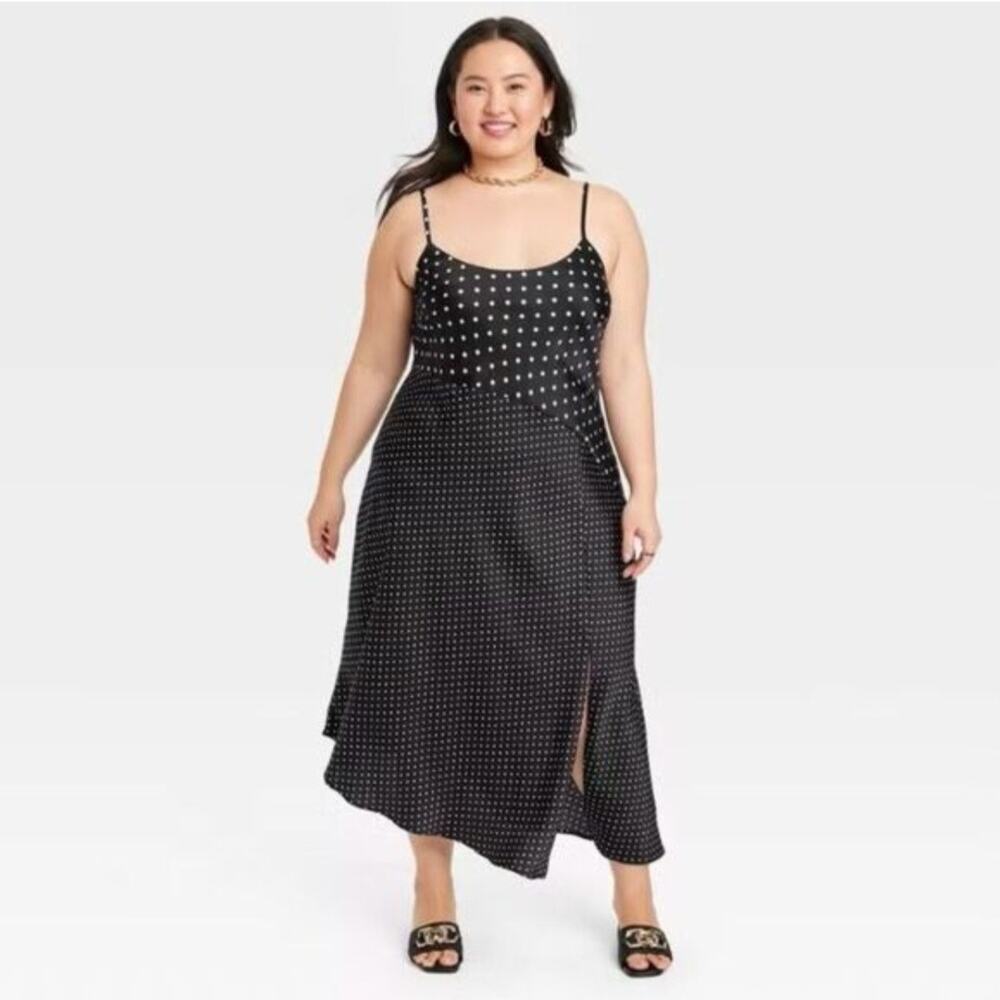 a new day Polka dot Black & White Midi Asymmetrical Side Slit Slip Dress XXL